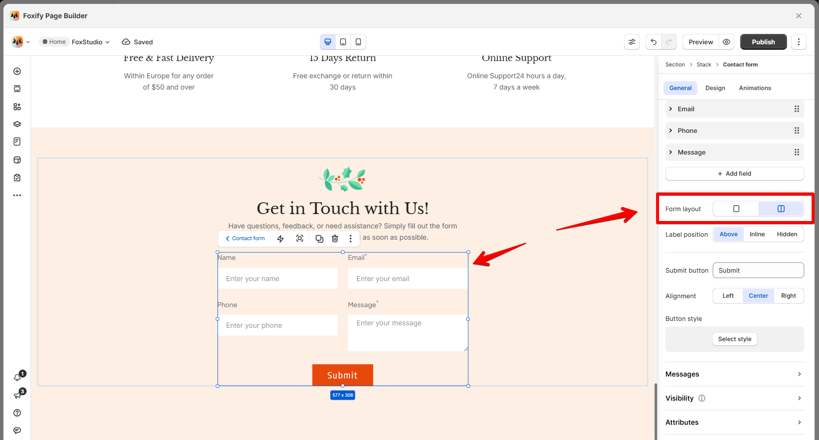 An example of Contact form with 2-column layout
