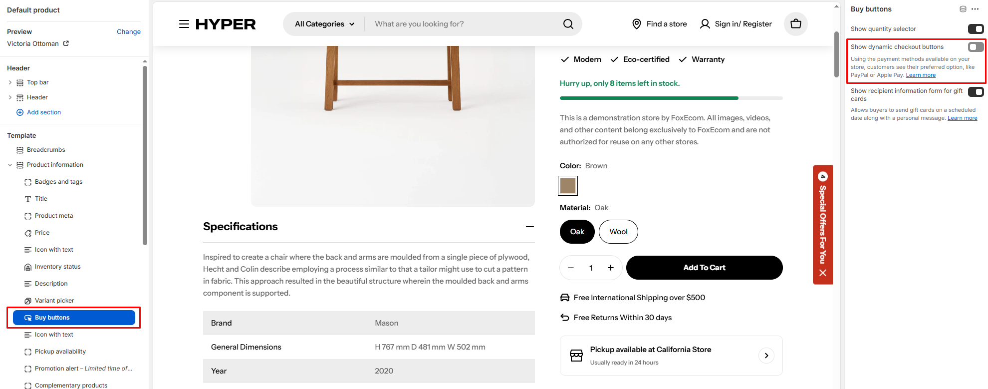 An example of the setting on product pages