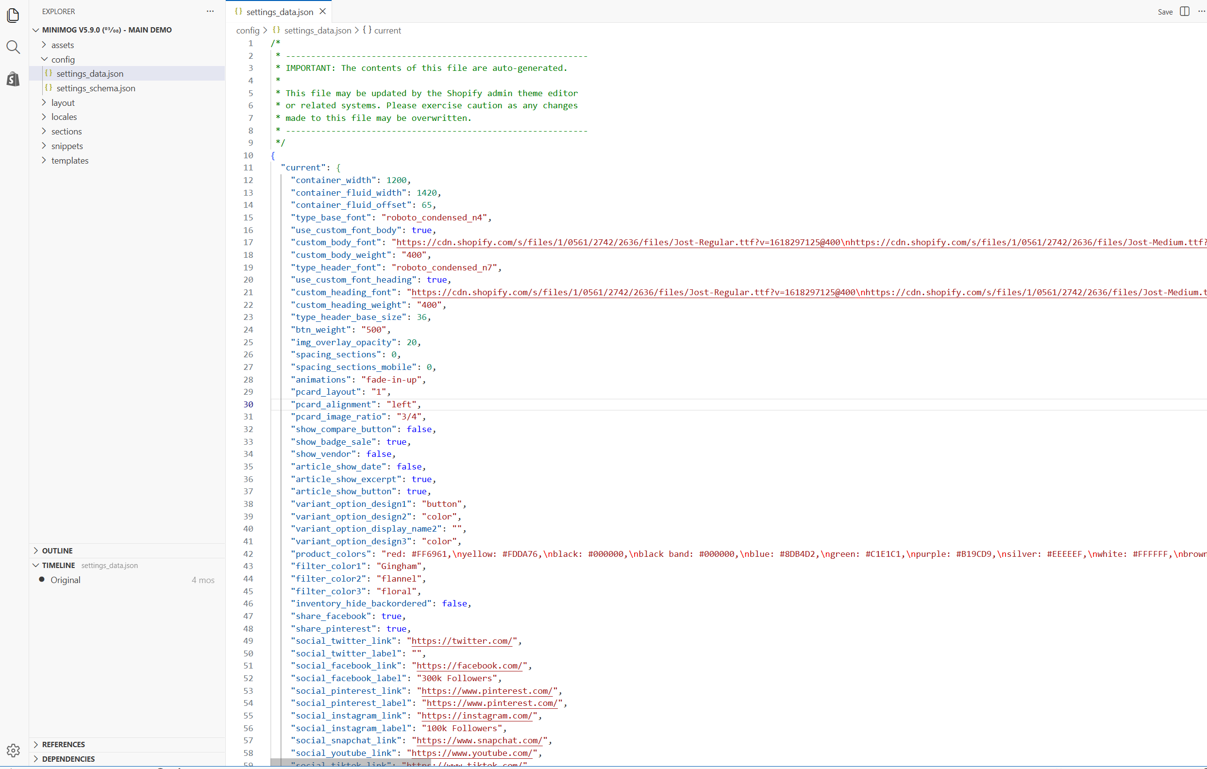 Shopify theme code editor showing the settings\_data.json file used to import Minimog demo settings