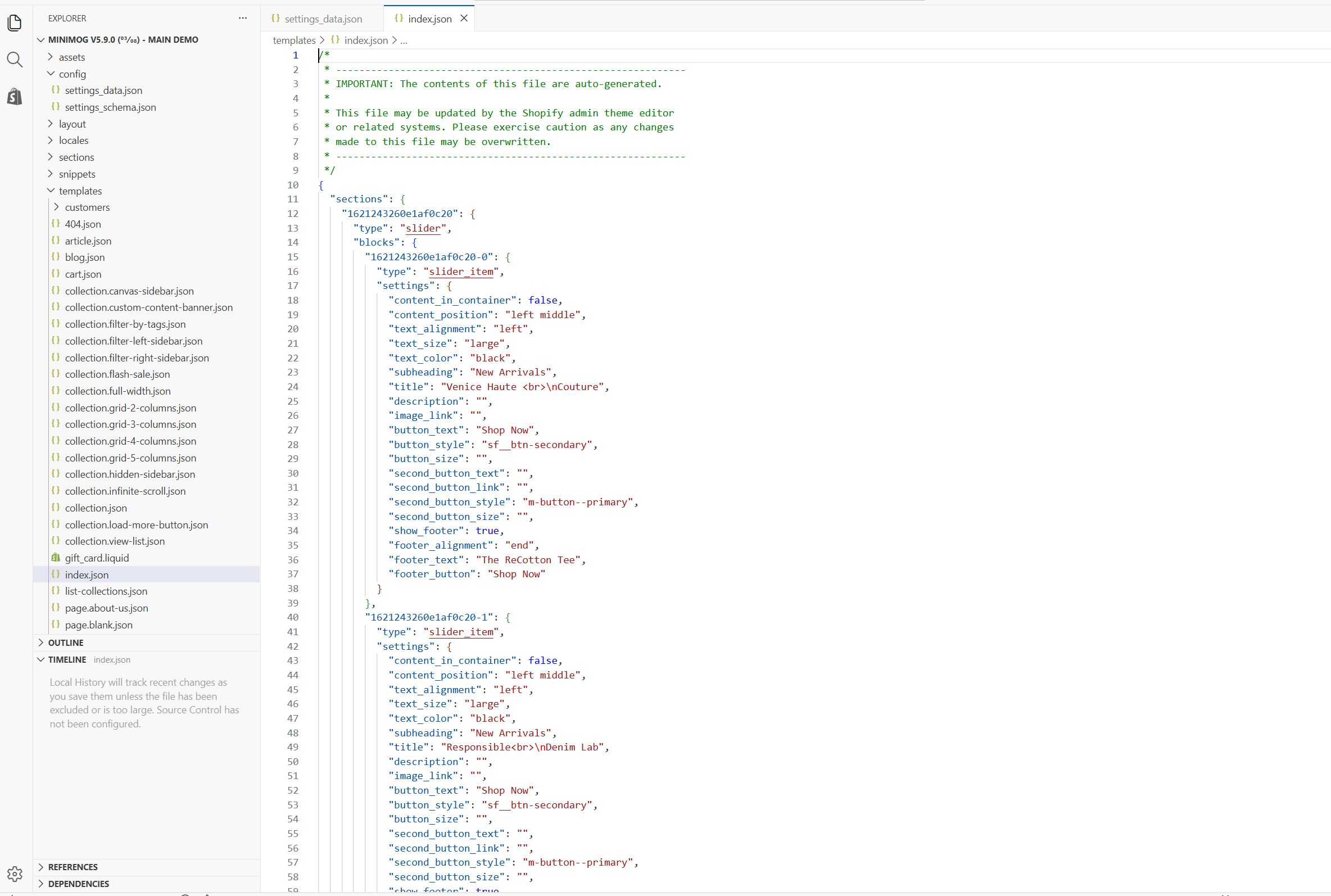 Shopify theme code editor showing the index.json file used to import the Minimog demo homepage layout