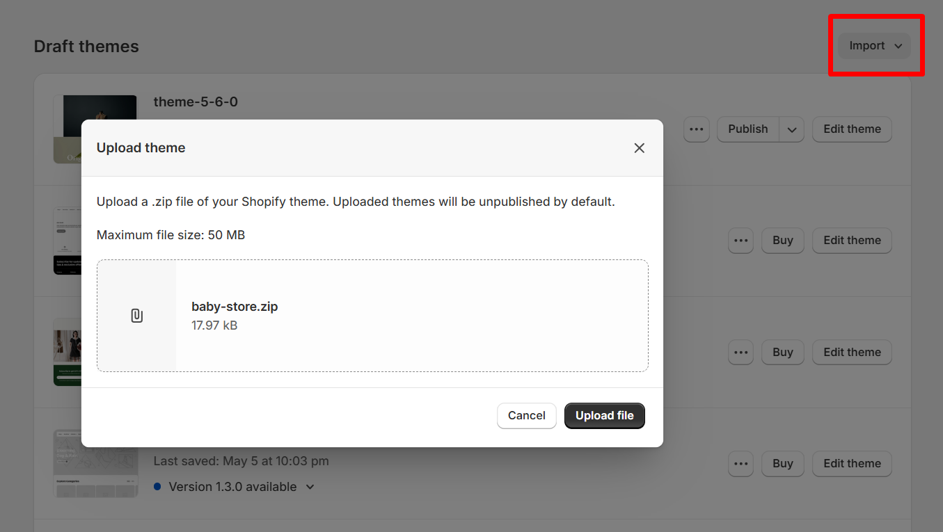 Shopify Themes page showing the Upload theme dialog for importing the Minimog ZIP file