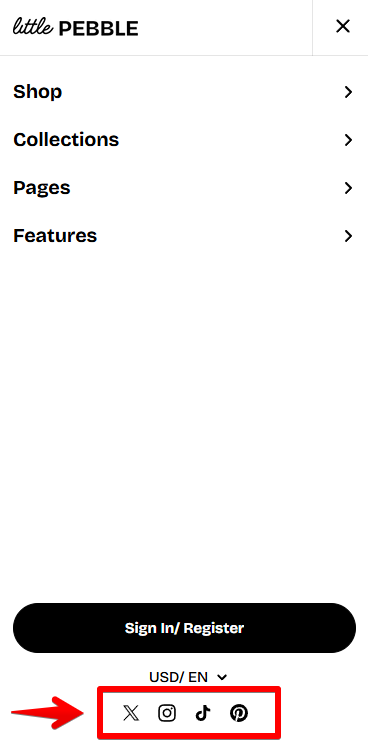 Social icons on menu drawer