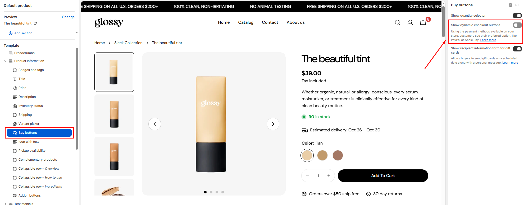 An example of the setting on product pages
