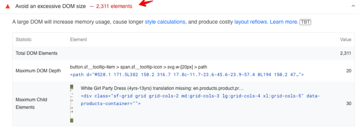 An example of a Lighthouse report showing an excessive DOM size (2,311 elements).