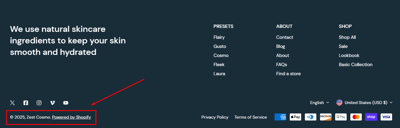 Once the box is checked, you should see the default copyright of Shopify - "Powered by Shopify"